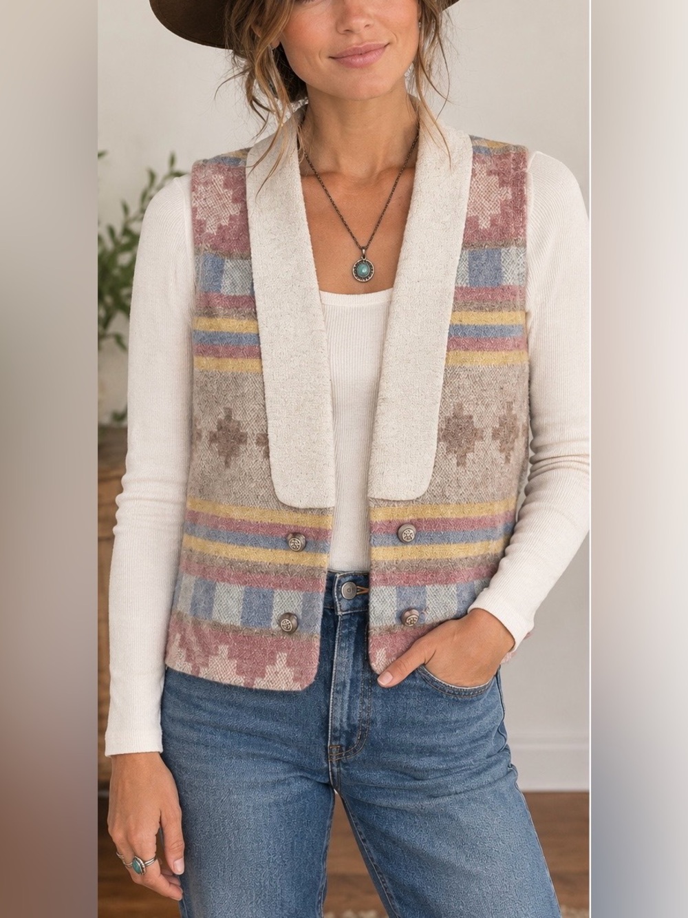 VTG Eagle River Wool Southwestern Aztec Geometric Vest SZ Large Boho Western